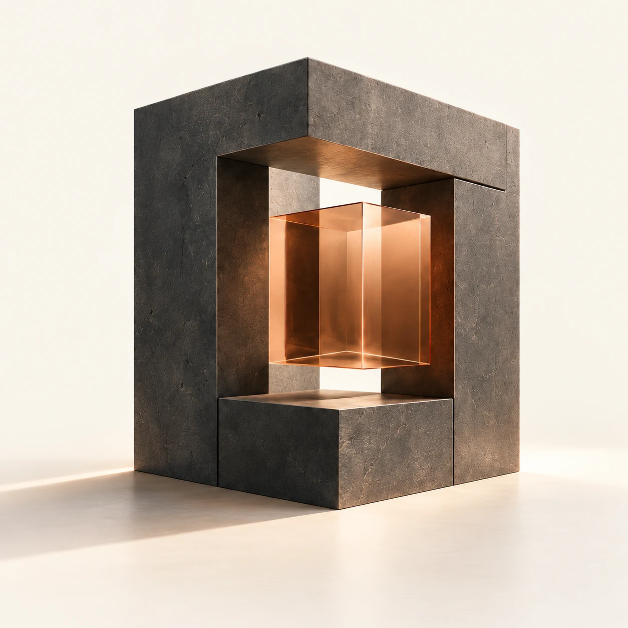 A charcoal stone enclosure protecting a suspended copper glass core.